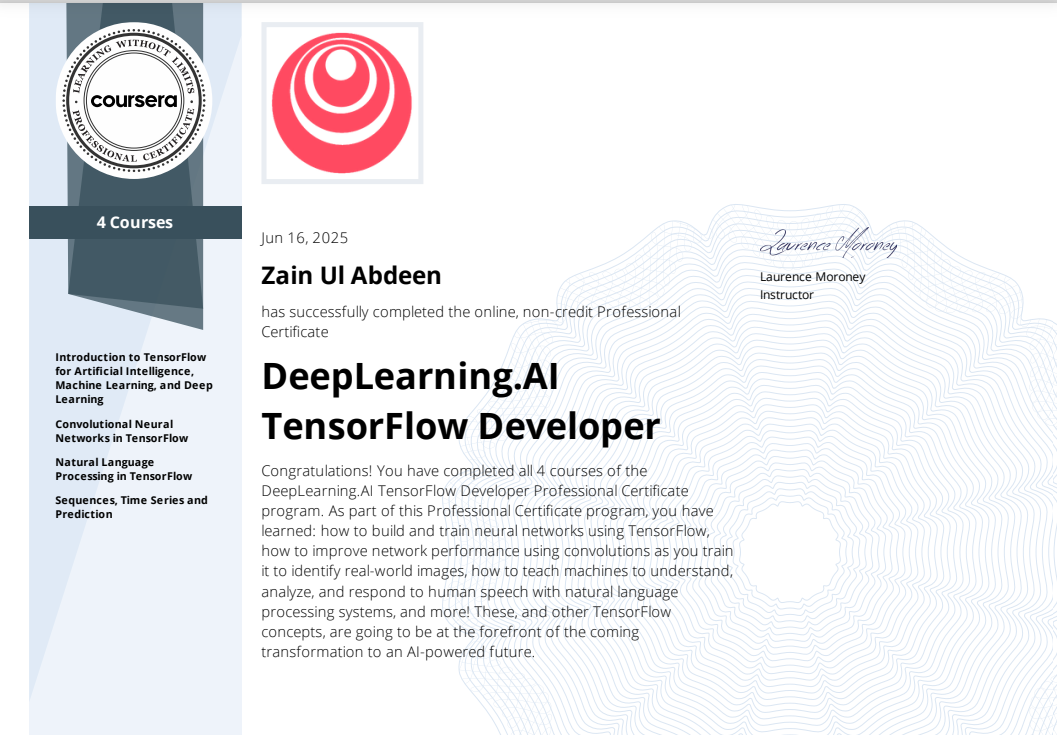 TensorFlow Developer Professional Certificate